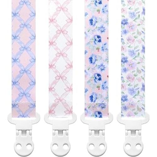 Baby Pacifier Clip Holder - Girl 4 Pack Gift Set – Vintage Floral French Granmillenial Ribbons Bows and Flowers in Pink and Blue