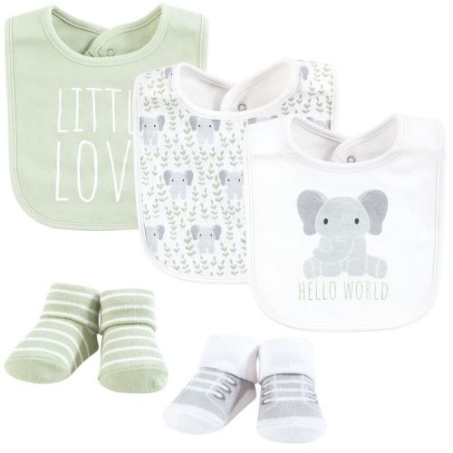 Hudson Baby Unisex Cotton Bib And Sock Set, Hello World Elephant, One Size
