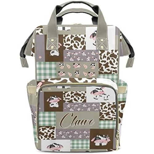 Cute Cow Pattern Patchwork Personalized Diaper Bag Backpack Name Custom Mommy Nappy Baby Bag Daypack for Mom Dad Gifts