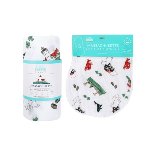 Gift Set: Massachusetts Baby Muslin Swaddle Blanket and Burp Cloth/Bib Combo