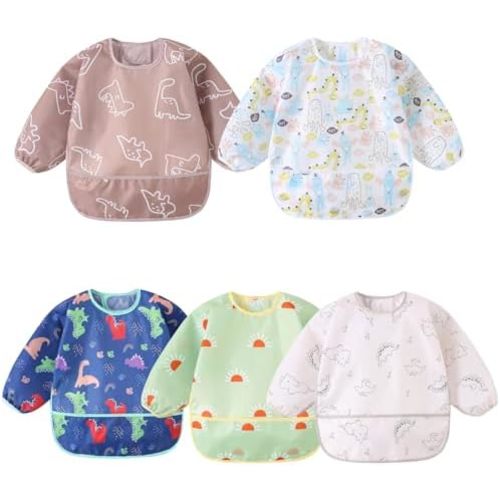 Long Sleeved Bibs,5 PCS Waterproof Wearable Bibs with Sleeves,Baby Feeding Smock 6-30 Months
