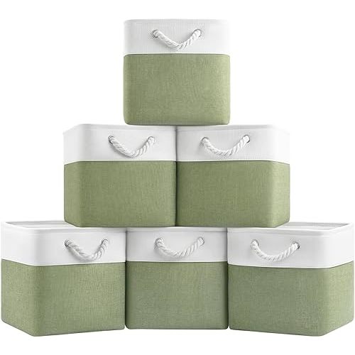 11x11 Cube Storage Bins,6 Pack Foldable Fabric Cube Organizer Bins with Rope Handles ,Storage Cubes for Organizing Bedroom, Living Room, Clothes and Toys, Shelves and Closet (White&Green)