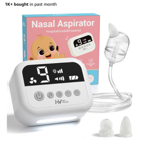 HEYVALUE Nasal Aspirator for Baby, Hospital Grade Nose Sucker with 9 Levels Suction, Night Light and Nursery Rhyme Soothing Function, Electric Nose Suction for Baby with Food-Grade Silicone Tips