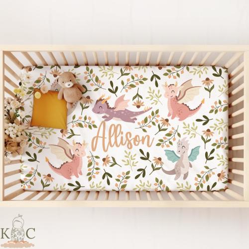 Personalized Dragon Crib Sheet for Baby Girl | Unique Newborn Gift for Labor and Delivery | Enchanting Castlecore Nursery