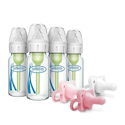 Dr. Brown's Anti-Colic Glass Baby Bottles 4 oz, 4-Pack + HappyPaci Silicone Pacifiers, White/Pink Set, 3-Pack | Anti-Colic Bottles with Slow Flow Nipples & Soft, BPA-Free Pacifiers for Newborns