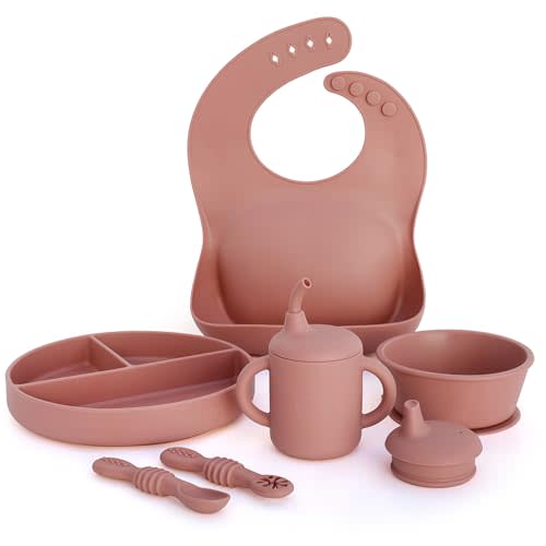 Little Loon Baby Feeding Essentials: Baby Led Weaning Supplies with Baby Plates, Silicone Bibs, Baby Spoons, Sippy Cups, Toddler Plates and Bowls Set - Baby Essentials - Baby Shower Gifts (Rose)