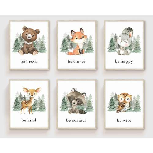 Woodland Nursery Wall Art PRINTED Art Print Set of 6  woodland nursery art pritnsWoodland bear Nursery Art prints, Forest Nursery Prints W02