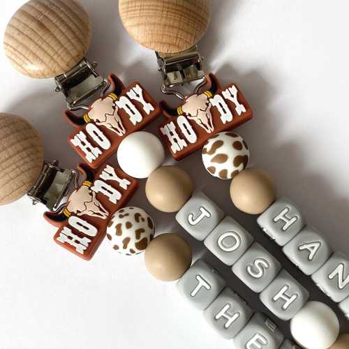 Personalized Silicone Pacifier Clip • Add Baby Boy or Girl Name • Custom Cowboy Gift Set with Tractor Rattle • Newborn Gift