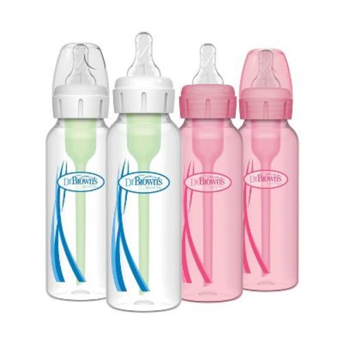 Dr. Brown's 8oz Anti-Colic Options+ Narrow Baby Bottle with Level 1 Slow Flow Nipple - 4pk - 0m+ - Pink & Clear