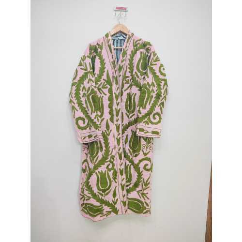Hand Embroidered Suzani Long Jacket, Green Color Embroidered Long Kimono Robe Winter Wear Long Coat For Women, Suzani Long Kimono With Belt