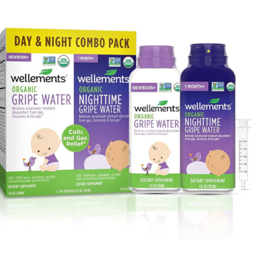 Wellements Organic Gripe Water for Babies Day & Night Combo Pack (4 Fl Oz) - Infant Gripe Water Newborn Calms Occasional Stomach Discomfort from Baby Gas, Colic, Hiccups & Fussiness - USDA Certified