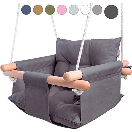 CaTeam - Canvas Baby Swing, Wooden Hanging Swing Seat Chair with Safety Belt, Durable Baby Swing Chair, Outdoor and Indoor Swing for Kids, Mounting Hardware Included, Dark Gray