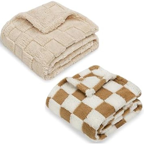 HOMRITAR 3D Gingham Fleece Baby Blanket + 3D Checkered Fleece Fluffy Fuzzy Bed Blanket for Toddler Khaki 30 x 40 Inch