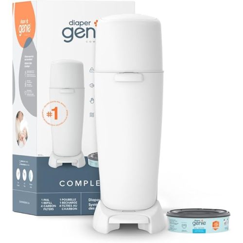 Diaper Genie Complete Diaper Pail System, White - AMAZON EXCLUSIVE - includes 4 Carbon Filters and 1 refill