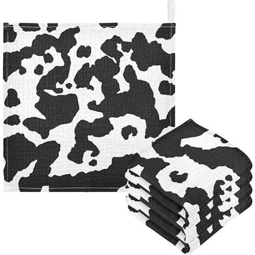 Cow Print Baby Muslin Washcloths Soft Absorbent Face Towel,Black and White Burp Cloths Cotton Bath Wipes 3 Pack Infant Wash Cloth for Newborn Boys Girls 12x12 inches