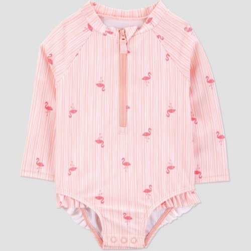 Carter's Just One You®️ Baby Girls' Long Sleeve Flamingo Printed Striped One Piece Rash Guard - Pink 9M