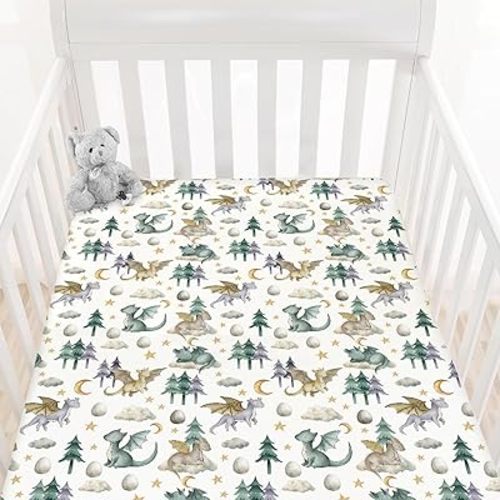 HawSkgFub Watercolor Cute Dragon Fairy Tale Fitted Standard Crib Sheet Baby Boy, Cloud Moon Star Dragons Egg Toddler Mattress Cover, Soft Breathable Stretchy Nursery Bed Sheets Decor Gift 52" x 28"