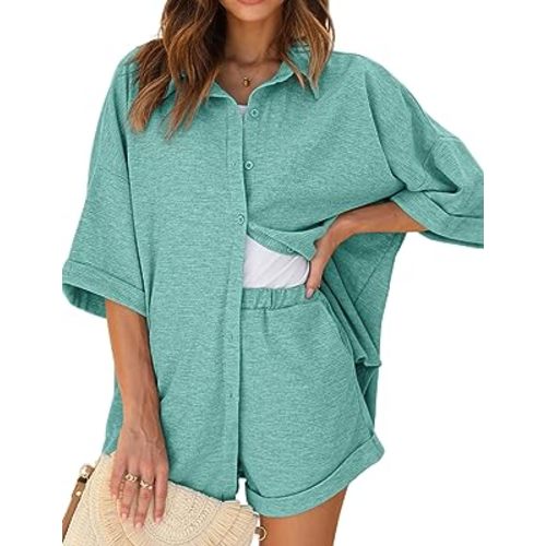 Ekouaer Pajama Sets Waffle Knit Women Short Sleeves Pjs Button Up Matching Sleepwear 2 Piece Lounge Sets