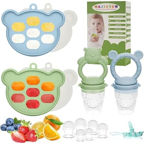 Baby Breastmilk Popsicle Molds & Baby Fruit Feeder (6 Pack), WAJIAYON Baby Food Freezer Tray Storage Containers, Silicone Teething Pacifier Feeder and Teether for Babies,Moss and Fawn Baby Feeder