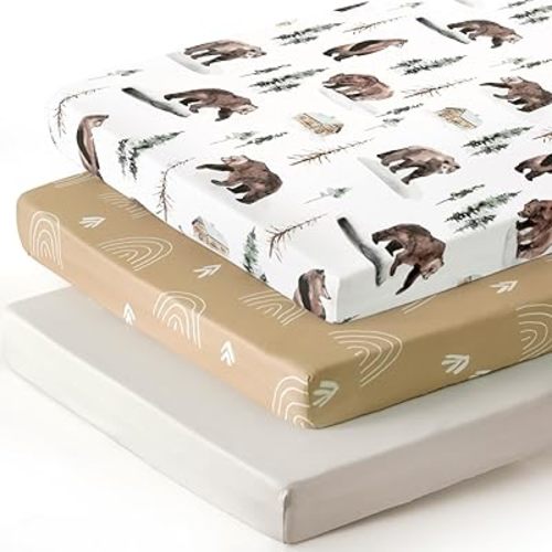 Stretchy Ultra Soft Jersey Knit Pack and Play Sheets Set 3 Pack, Portable/Mini Crib Sheets Universal Fit for Pack N Plays Safe and Snug, Cute Jungle Bear/Rainbow for Baby