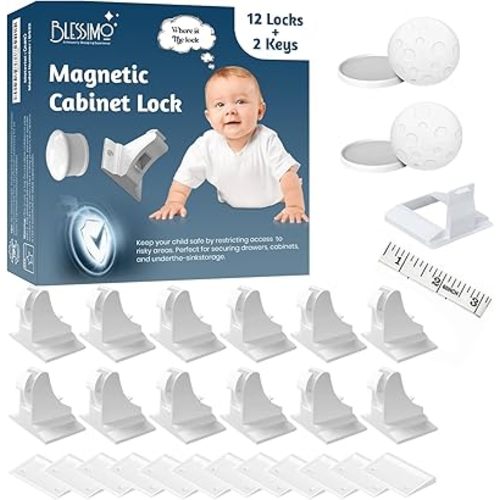 12 Pack Magnetic Cabinet Locks Baby Proofing with 12 locks and 2 Keys - Blessimo Child Locks For Kitchen, Cabinets and Drawers - 3M Adhesive Easy Installation