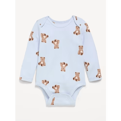 SoftMode Printed Long-Sleeve Ribbed Bodysuit for Baby- Teddy Bear Blues