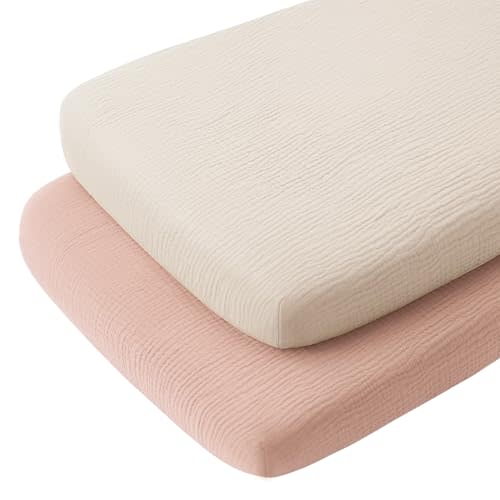 Konssy Muslin Fitted Bassinet Sheets 2 Pack for Baby Girl Boy, Soft Breathable Baby Bassinet Sheets Fit for Bassinets, Cradle, Moses Basket Oval Rectangle Pad/Mattress (Pink, Cream, Bedside Sleeper)