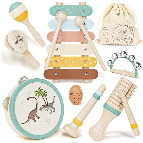 Baby Musical Instruments for Toddlers 1-3, Montessori Wooden Toys for 1 Year Old, Xylophone Maracas Percussion Set with Storage Bag, Learning Toys for Boys Girls Age 2-4, Christmas Birthday Gift