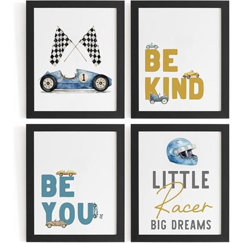 WXHUM Race Car Boys Playroom Wall Decor Prints Set of 4, Inspirational Little Racer Racing Car Posters for Toddler Boy Kids Room Bedroom Playroom, 8x10 inch Unframed