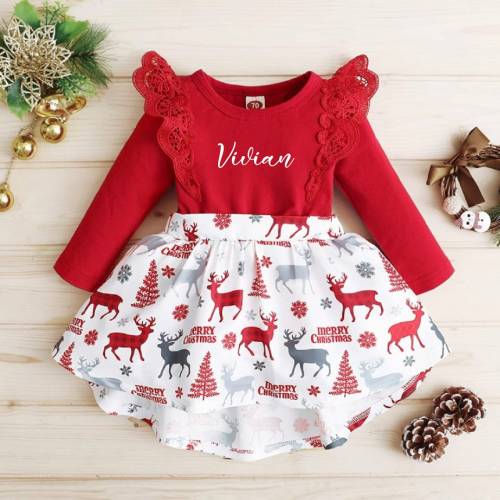 Baby Girl Christmas Outfit Reindeer Pattern, Personalized Christmas Dress Baby Girl Gift, Holiday Dress, Christmas Gift, My First Christmas