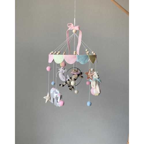 Girl baby mobile, toddler girl mobile, carousel crib mobile, hanging nursery decor, Bear custom mobile, baby shower present, new mom gift.