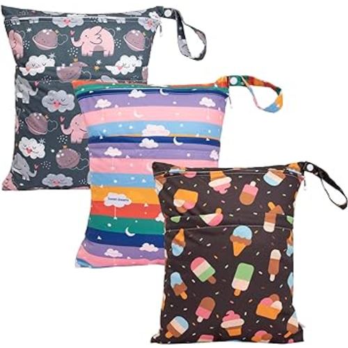babygoal Wet Dry Bags 3 Pack for Baby Cloth Diapers, Washable Travel Bags, Beach, Pool, Gym Bag for Swimsuits & Wet Clothes with Two Zippered Pockets 3LN27