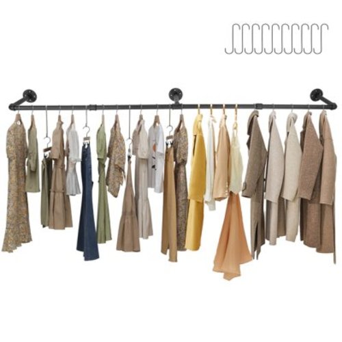 Industrial Pipe 72'' L Clothes Rack with 10 Hooks, Wall Mounted Heavy Duty Metal Retro Garment Display Hanging Rod Bar, Max Load 135lbs (Black)