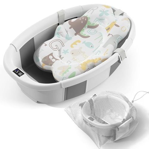 Collapsible Baby Bathtub - Large Baby Bath Tub with Thermometer & Cushion | Travel Portable Newborn Infant Bathtub | Foldable Toddler Bathtub for Baby 0 to 36 Months (Grey)