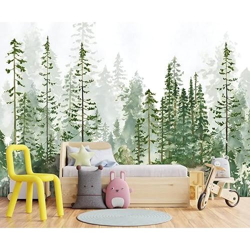 Boys or Girls Cartoon Pine Tree Forest wallpeper Nursery Kids Bedroom Wall Mural - 137"x96"（Not Peel and Stick）