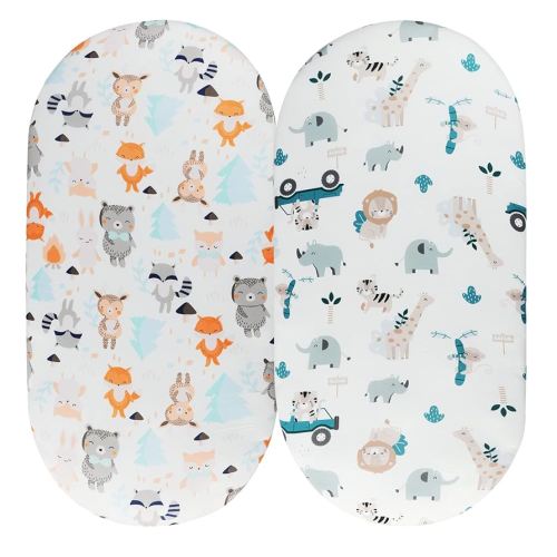 Bassinet Sheet Set 2 Pack Snug Fitted Cradle Fitted Sheets, Stretchy Ultra Soft, for Oval Rectangle Hourglass Bassinet Mattress, Unisex Boy Girl, Tiger Elephant & Fox