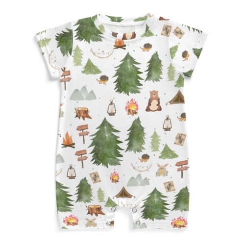 Woodland Camping Animals Baby Romper Boys Girl Bear Bunny Hedgehog Forest Short Sleeve Baby Jumpsuit Cozy Baby Bodysuit