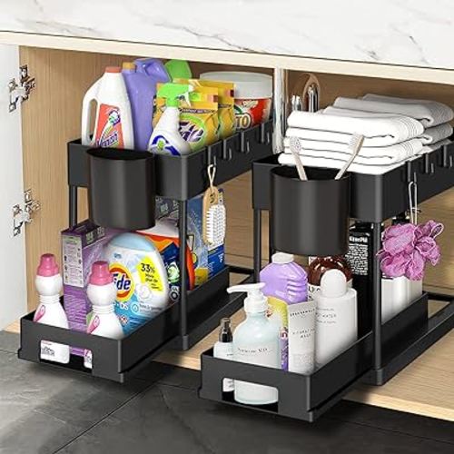 Amazon.com - 2 Pack Under Sink Organizers and Storage With Sliding Storage Drawers,2 Tier Bathroom Organizer Under Sink,Kitchen Cabinet Organizers And Storage Shelf With Hooks,The Bottom Can Be Pull Out(Black)