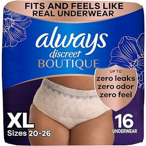 Always Discreet Boutique Adult Incontinence and Postpartum Underwear for Women, Maximum Protection, XL, Rosy, 16 Count (Packaging May Vary)