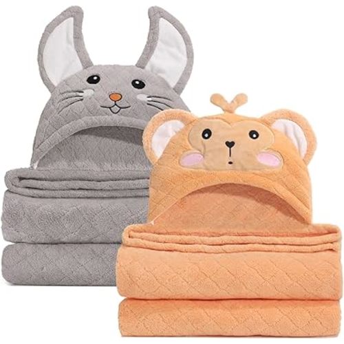Large Hooded Towels for Kids, 2 PCS 50"x32" Thick Absorbent Towel for Toddlers 1-3,Coral Fleece and Durable Soft Animal Bath Towels for Baby,Gray Mouse & Orange Monkey Set