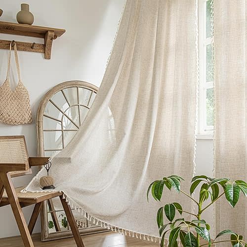 Setaback Boho Curtains for Bedroom Living Room 84 Inch 2 Panels with Tassels, Soft Linen Texture Semi Blackout Sheer Privacy Curtains Window Drapes Rod Pocket, 52" x 84", Natural, 2 Panels