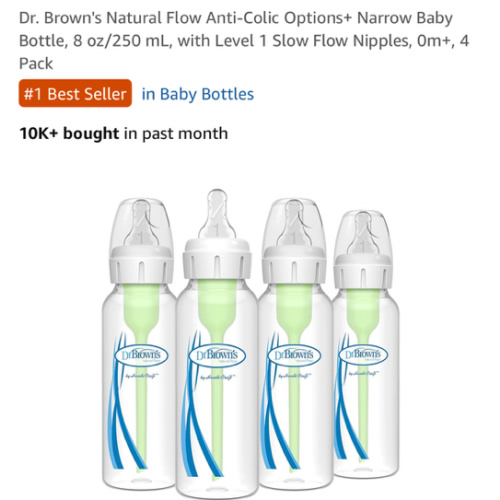 Dr. Brown's Natural Flow Anti-Colic Options+ Narrow Baby Bottle, 8 oz/250 mL, with Level 1 Slow Flow Nipples, 0m+, 4 Pack