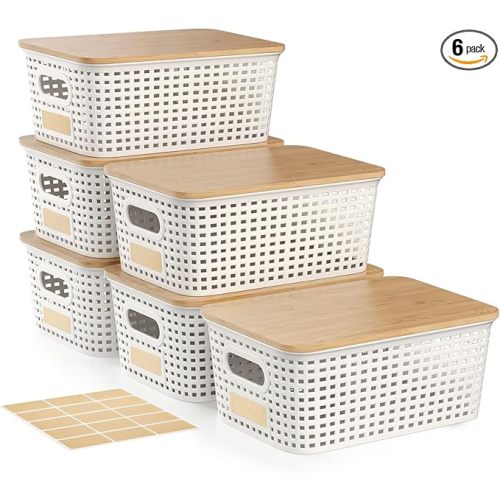 Small Storage Bins with Bamboo Lids, Decorative Plastic Storage Box with Lids, 5QT Stackable Organizing Baskets with Lables for Classroom, Office, Desktop, Closet, Shelf, 10x7.1x4.1 In, White, 6 Pack