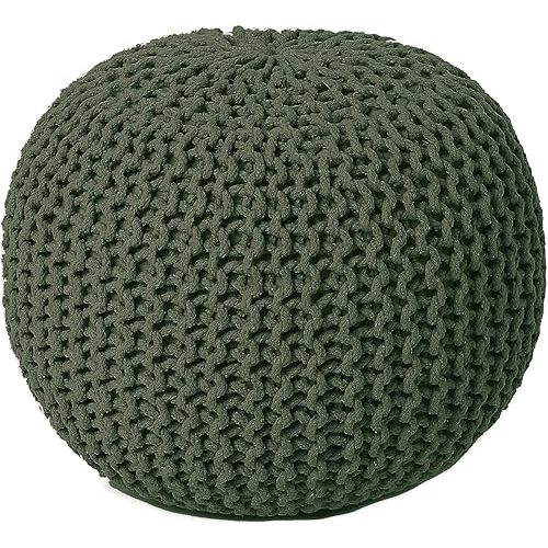 REDEARTH Round Hand Knitted Pouf - Foot Stool Bean Bag Ottoman - Cord Boho Pouffe - Poof Accent Beanbag Footrest for Living Room - Bedroom - Patio - Lounge (19.5"x19.5"x14") - Olive