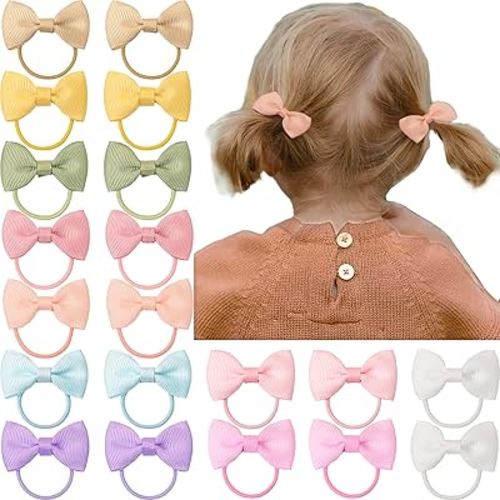 CÉLLOT Durable Hand-Sewn Tiny 2-inch Hair Bows with Rubber Bands - Ponytail Holders and Gifts for Baby Girls, Infants, Toddlers