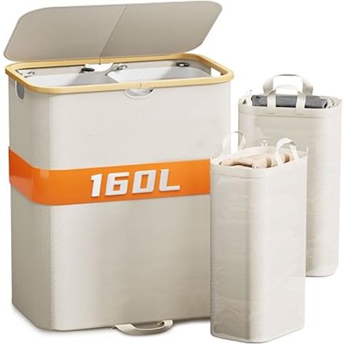 160L Double Laundry Hamper with Lid, Dirty Clothes Hamper with 2 Removable Bags, Beige Laundry Hamper 2 section with Bamboo Handles Easy to Carry for Bedroom, Bathroom, Dorm, College
