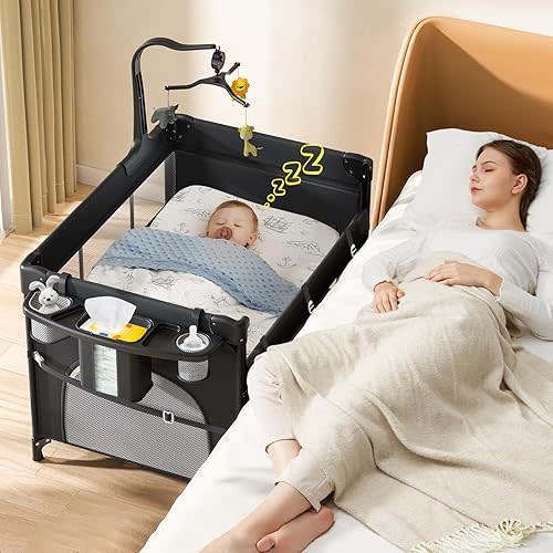 Baby Portable Playard, 5 in 1 Foldable Bedside Bassinet Baby Crib with Removable Changing Table and Organizer, Adjustable Height Playpen for Newborn Baby & Toddler Black