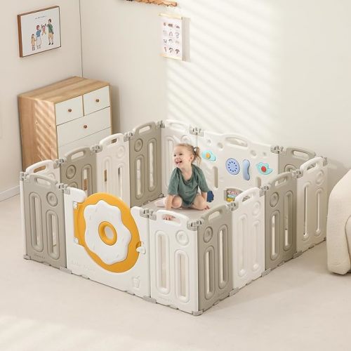 Baby Playpen, Foldable Baby Playpen, Playpen for Babies and Toddlers, Baby Fence with Game Panel and Safety Gate, Adjustable Play Pens, Portable Kids Play Yards for Indoor, 14 Panels - Grey-White