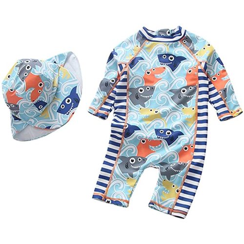Baby Toddler Boys Girls One Piece Swimsuit Set Swimwear Shark Bathing Suit Rash Guards Sunsuit with Hat UPF 50+ - Blue - 0-3 Months