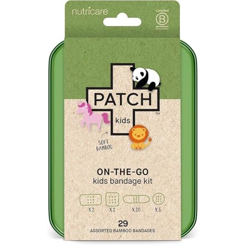 Patch Kids On-The-Go Natural Bamboo Adhesive Bandage Kit for Sensitive Skin, Eco-Friendly Hypoallergenic Bandages for Sensitive Skin. Non Toxic Bandages for Boys & Girls with Cute Prints, 29 ct Small